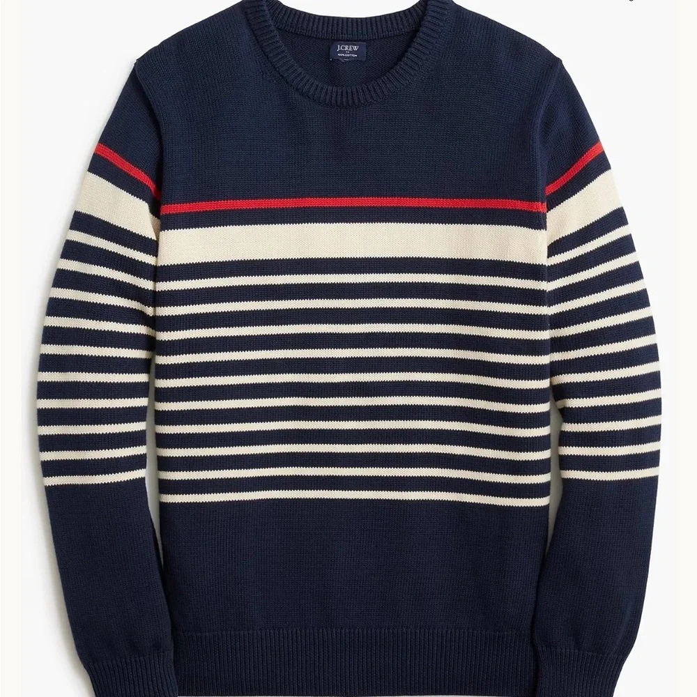 J Crew Crewcuts Boys XL 12-14 Navy Blue Striped‎ Cotton Knit Crewneck Sweater